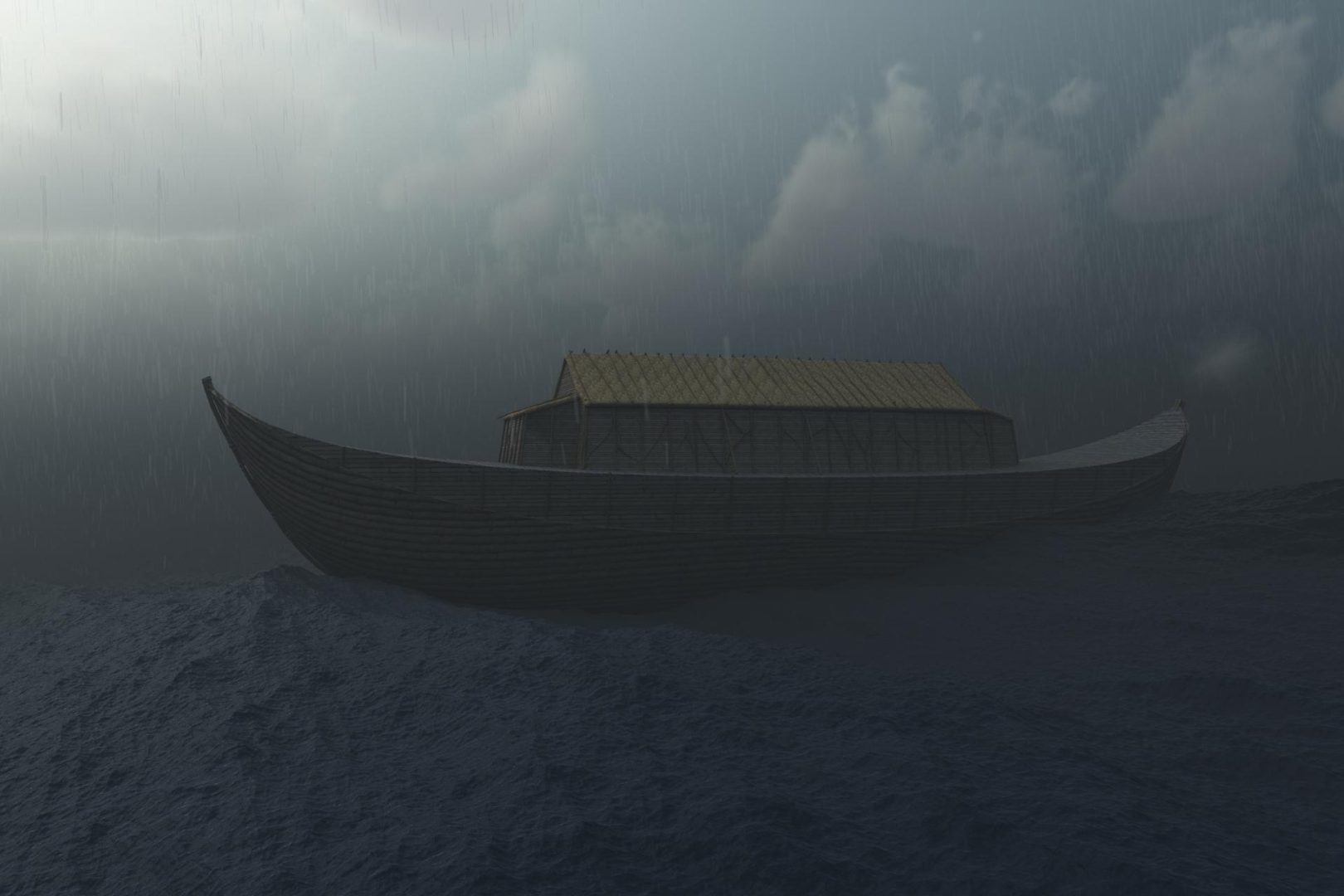 A dark image of a wooden boat out on the ocean.