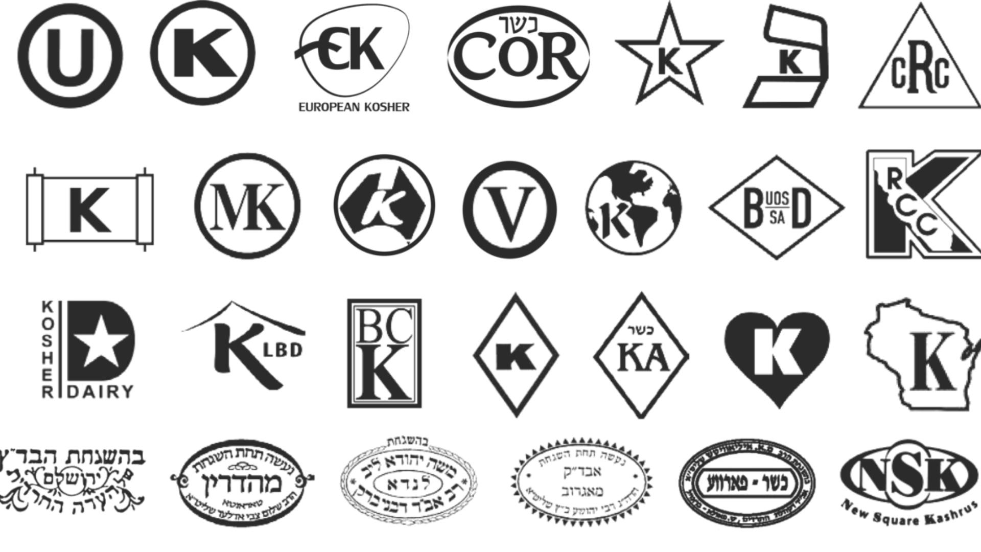 A banner showing 27 various icons used by the food service industry to indicate kosher certification.