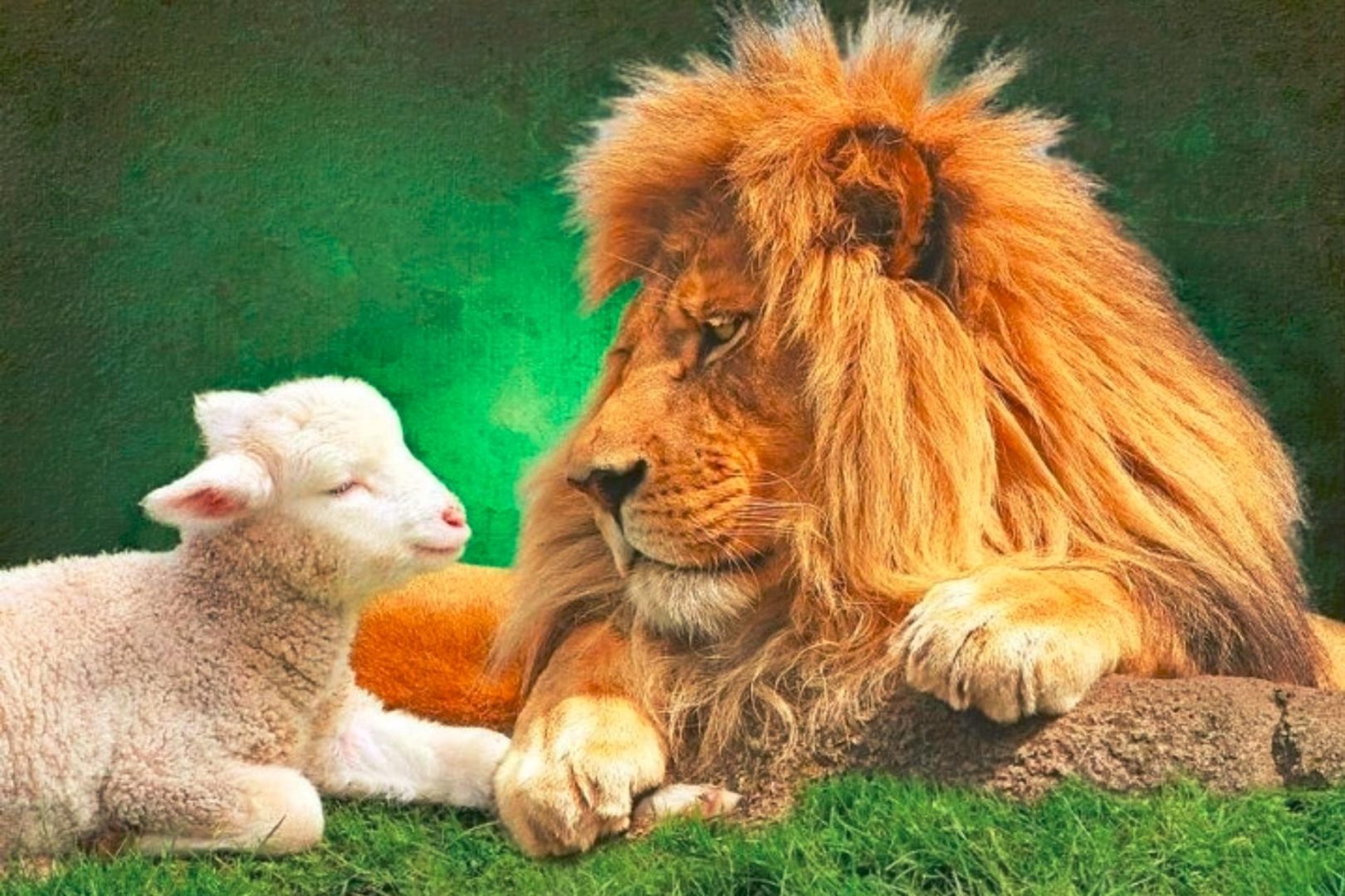 A picture of a lion and a lamb lying on the grass together.