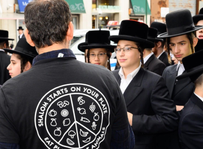 A male volunteers wearing a Jewish Veg shirt, speaking with Chassidic men on a busy city street.